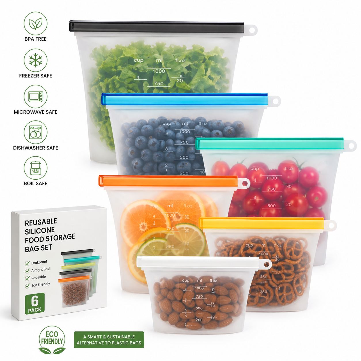Reusable Silicone Food Storage Bag Set