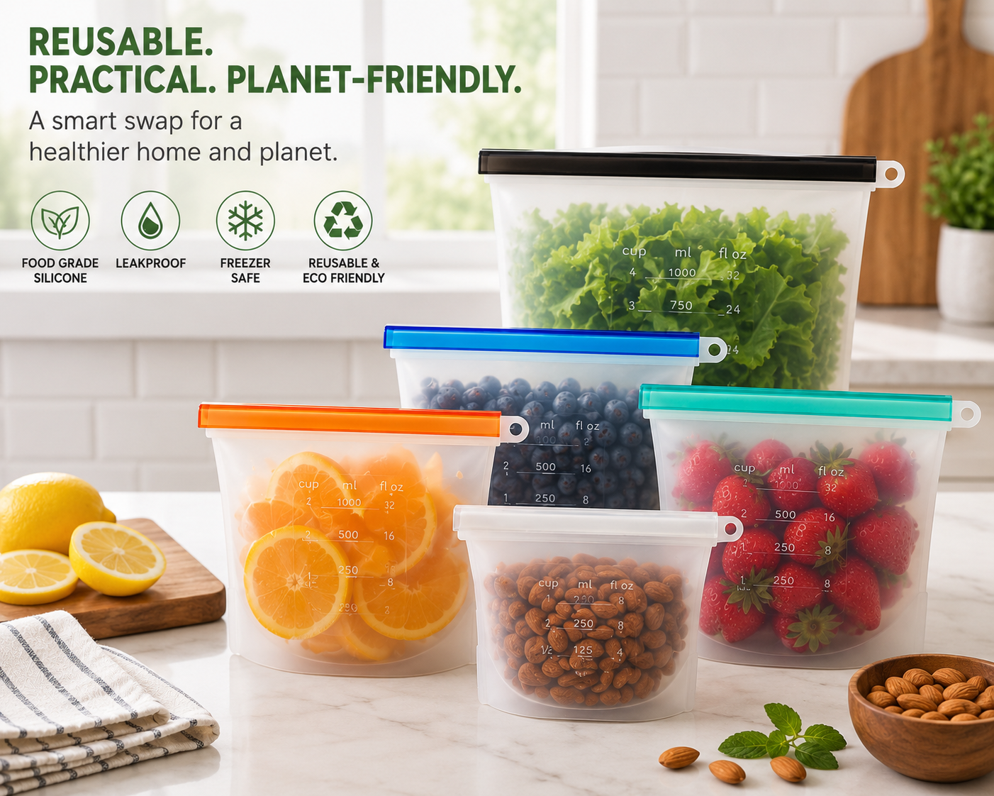 Reusable Silicone Food Storage Bag Set